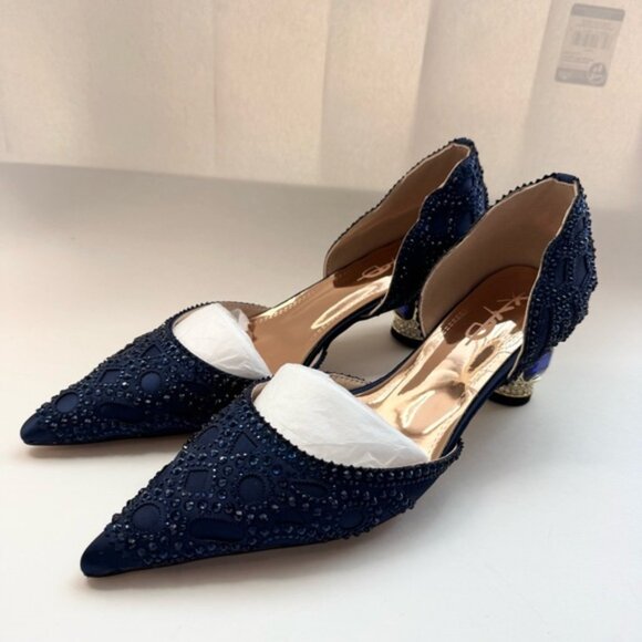 Size 7.5 XYD Women’s Satin Pumps Pointed Toe D'Orsay Crystal Heels Rhinestone - Picture 1 of 14